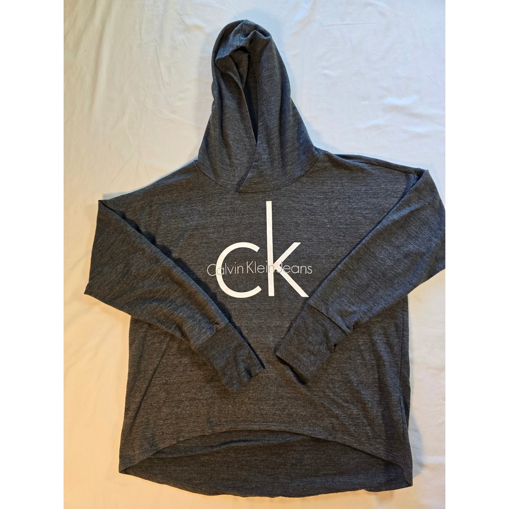 Calvin Klein Jeans Womens‎ Gray Logo Hoodie Sweatshirt Thumbhole Cuffs Large